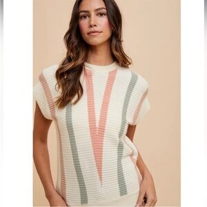 AnnieWear Knit Chevron Ribbed Textured Top Cream Size Large
